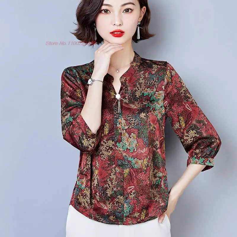 

2023 vintage qipao blouse chinese traditional flower print cheongsam tops woman satin loose blouse oriental ethnic tang suit