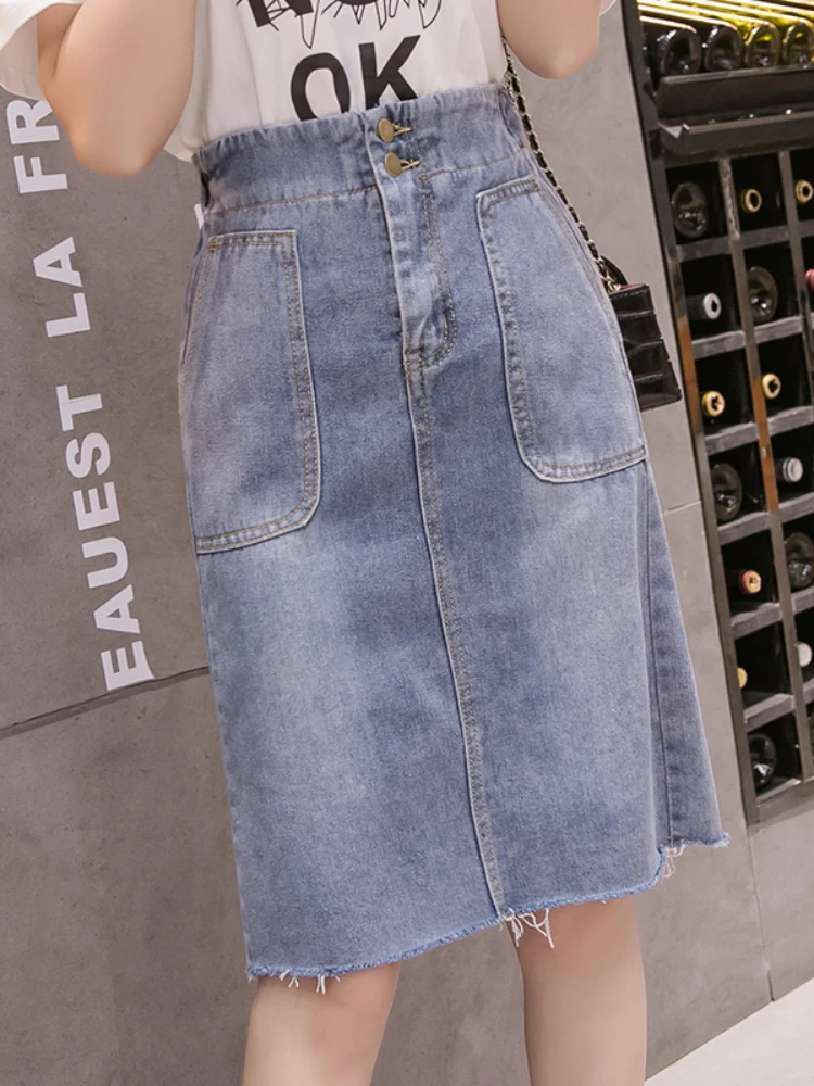 

LY VAREY LIN New Summer High Waist Denim Skirts Women Casual Buttons Elastic Waist A-line Skirt Lady Fashion Slim Jean Skirts