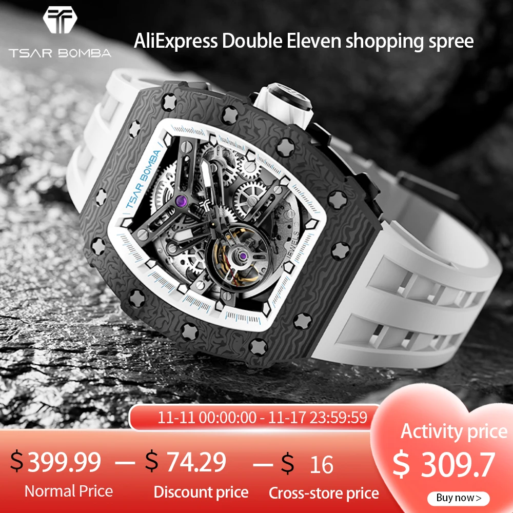 

Механические часы TSAR BOMBA из углеродного волокна, зеркало с сапфировым стеклом, водонепроницаемость 50 м, светящиеся часы