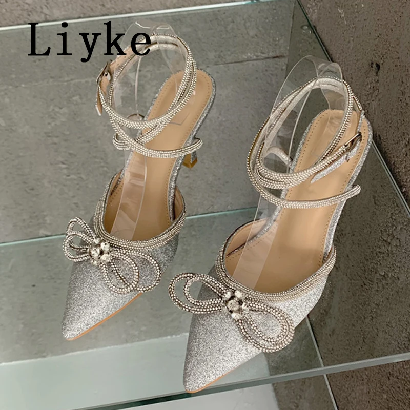 

Liyke брендовые блестящие женские туфли-лодочки с бантом пикантные женские сандалии с ремешком на щиколотке на высоком каблуке со стразами Ле...