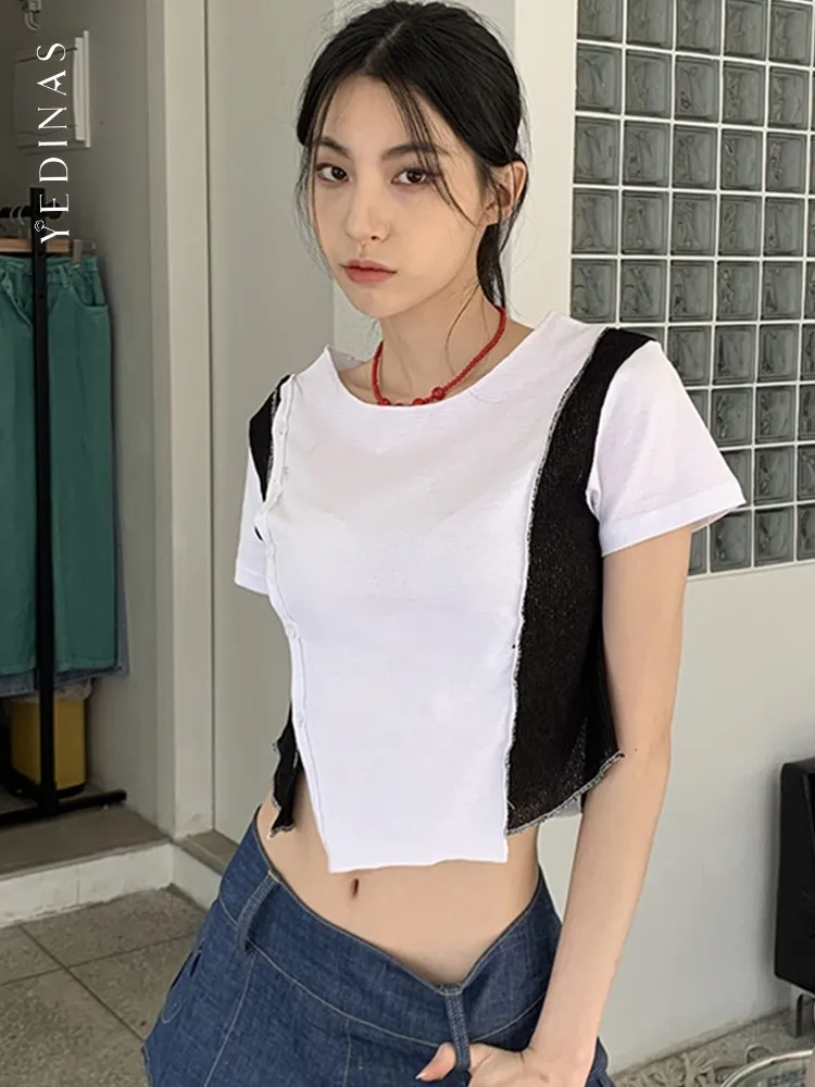

Женская Винтажная Футболка Yedians, короткий топ составного кроя с коротким рукавом, в Корейском стиле, в стиле гранж, лето 2022