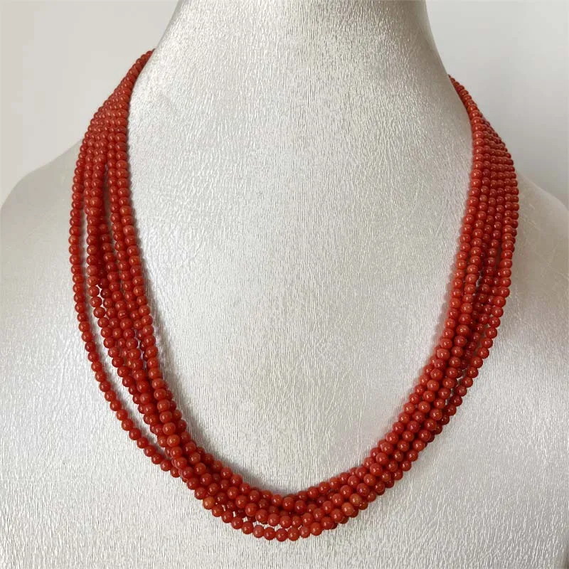 

6Layers 3MM Orange Red Coral Necklace Luxury Natural Gem Stone Jewelry Noble Elegant Exquisite Bead Chain Choker Collier