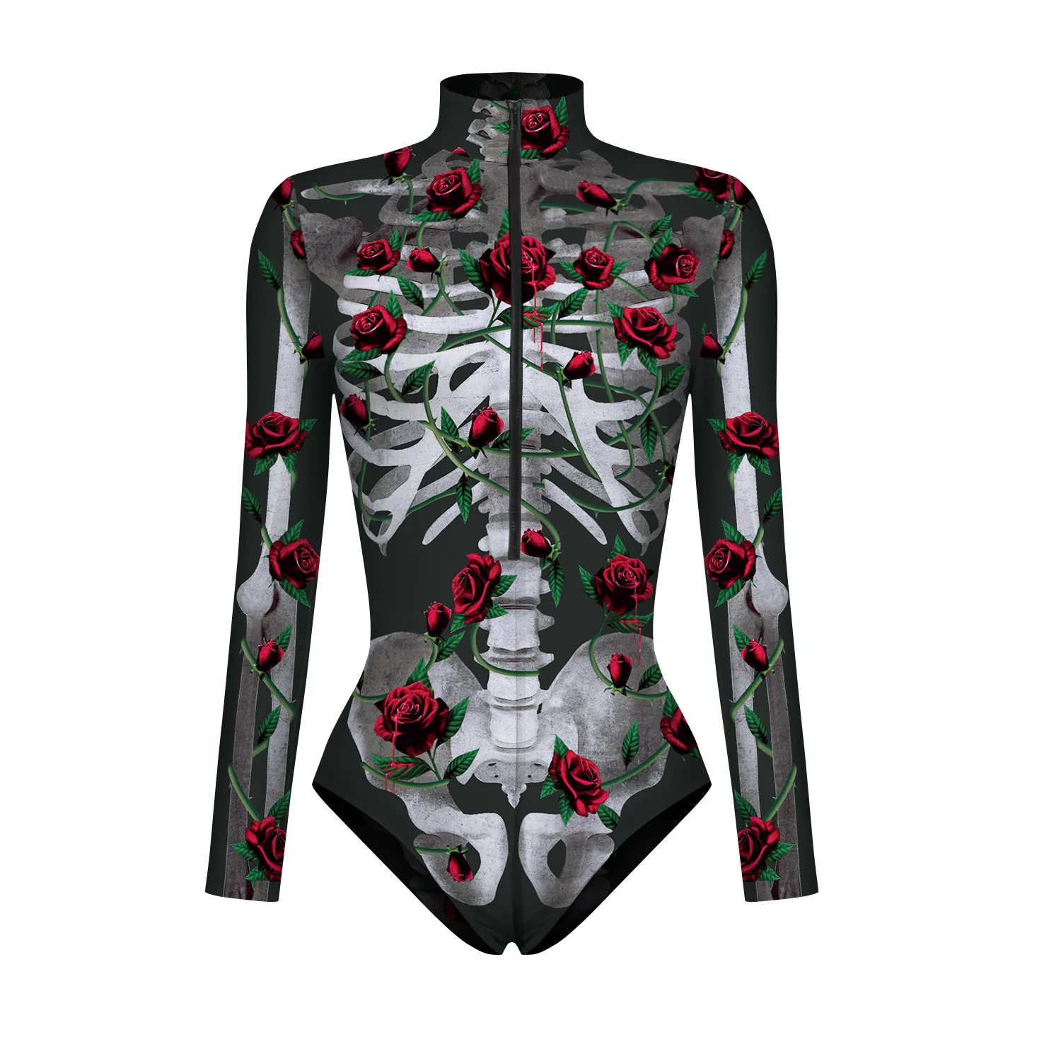 Halloween Skeleton Zipper Dress Up Costume Sexy Fashion Women's Digital Print Bodysuit Cos Stretch Long Sleeve Bodysuit