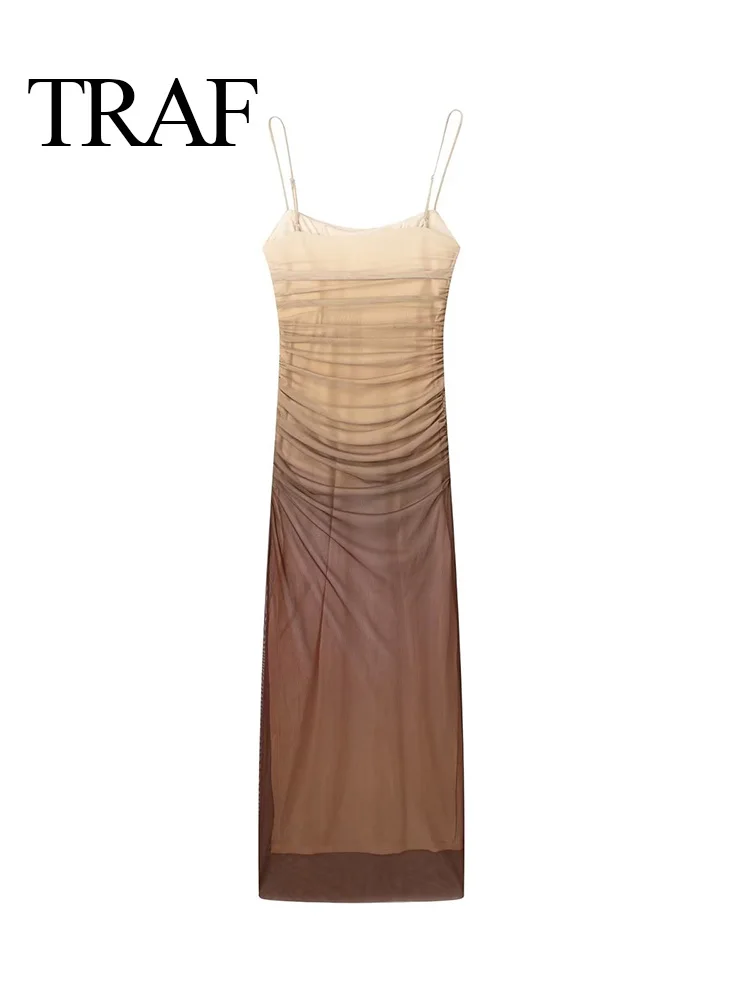 

TRAF Women Fashion Dresses Sleeveless Suspenders Gradient Tulle Wrinkle Sexy Slim Side Zipper Mujer Long Evening Vestidos