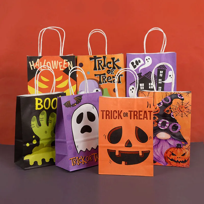 

6Pcs Halloween Gift Bag Trick Or Treat Pumpkin Ghost Candy Cookie Snack Treat Paper Bags Kids Halloween Party Gift Packaging