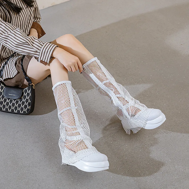 Summer New Women High Boots Platform Shoes Mesh Breathable Blast Street Slim Boots Hollow Sandals Fashion Design Shoes 2023