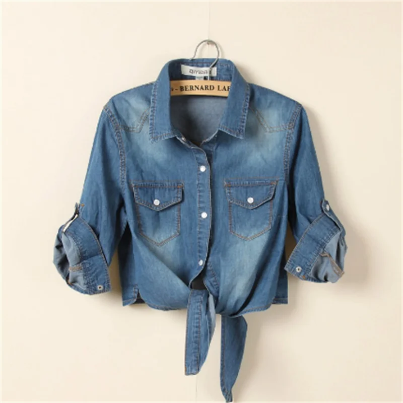 Lacing knotted Mid-sleeve Shawl Denim Women  Korean Version Ladies Short Jacket Thin Wholesale