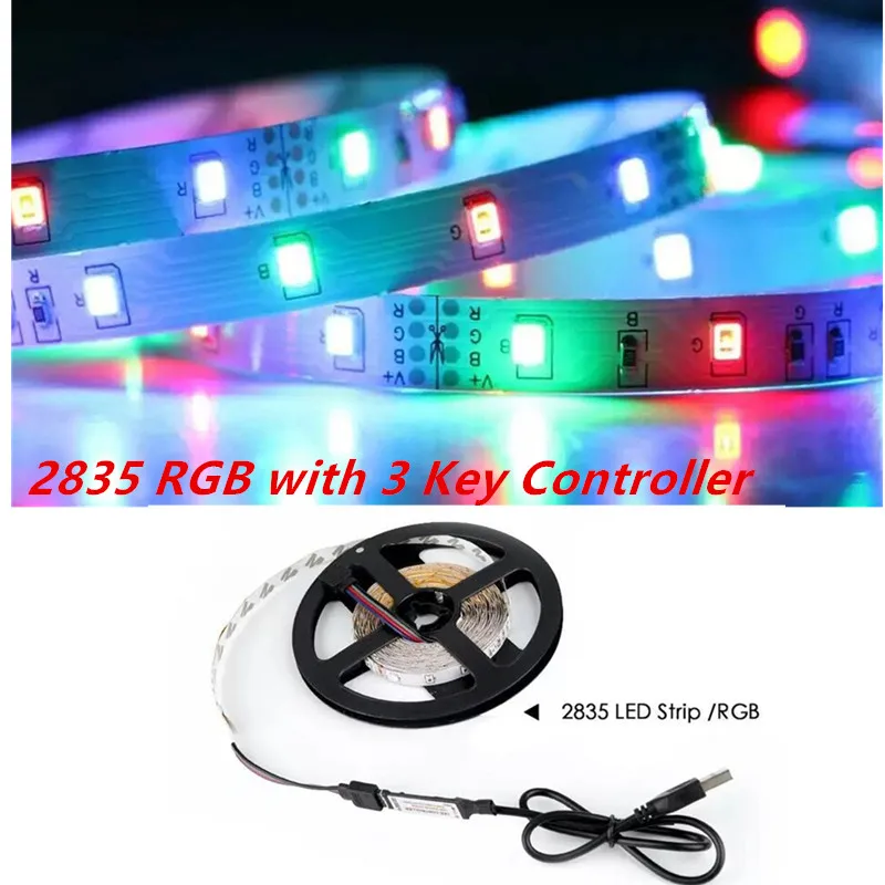 

RGB 2835 LED Strip Light Flexible Lamp Tape Diode USB Cable 3 Key Control DC5V 1M 2M 3M 4M 5M Desk Screen TV Background Lighting