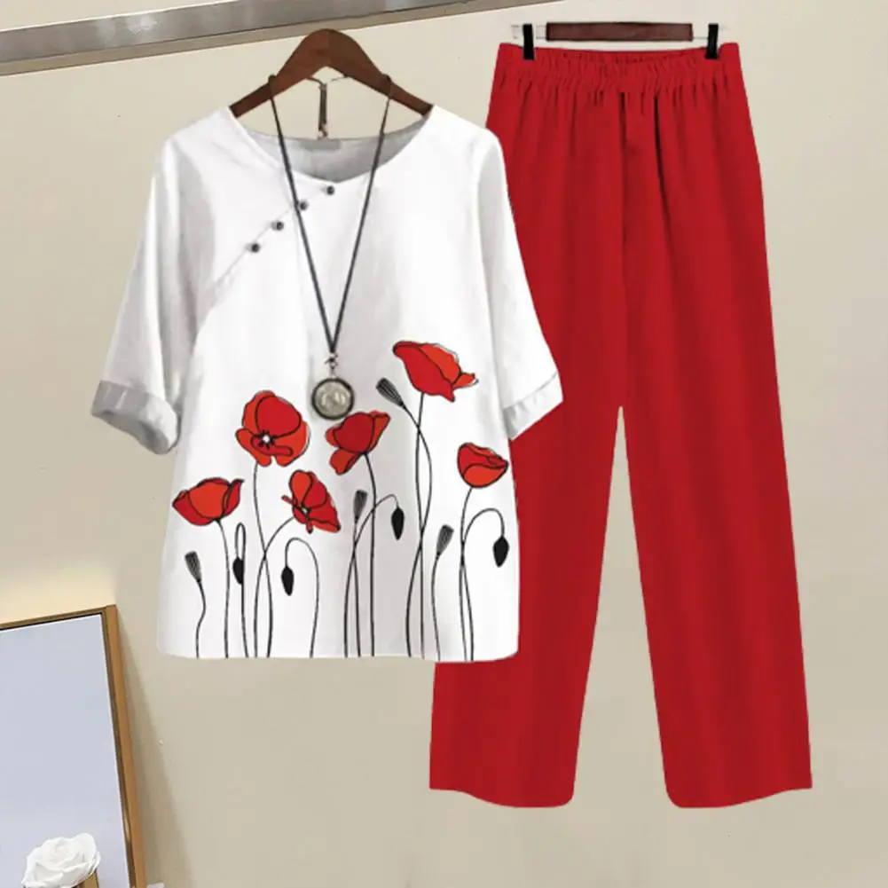 

Stylish T-shirt Pants Set Breathable Women T-shirt Pants Set Elastic Waist Half Sleeves Summer Top Pants Suit Homewear