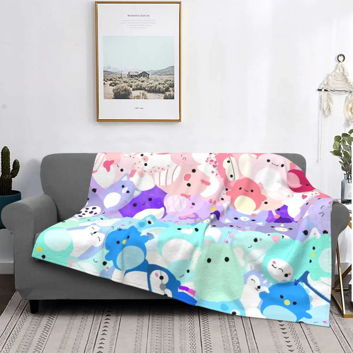

Художественное одеяло Squishmallow, Фланелевое весенне-осеннее мультяшное одеяло с милыми животными, многофункциональное мягкое покрывало для д...