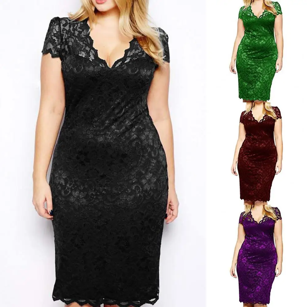 

Attractive Women Dress V-neck Simple Slim Lace Stitching Sleeve Ladies Dress