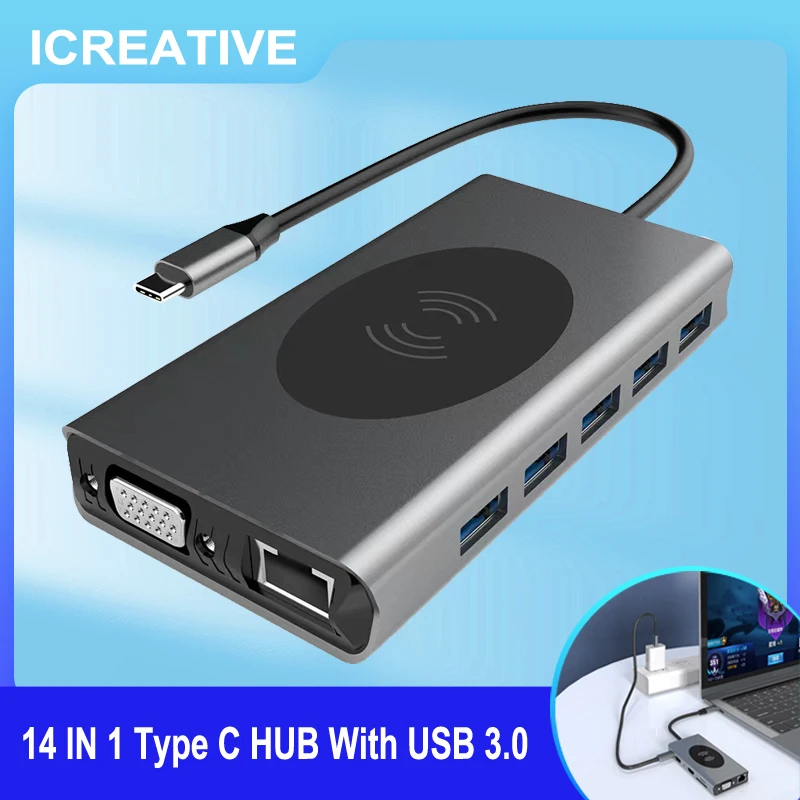 

14 IN 1 Type C HUB With USB 3.0 SD/TF Card Reader Dual HDMI 4K RJ45 VGA USB C HUB For MacBook/Dell USB Splitter Docking Station