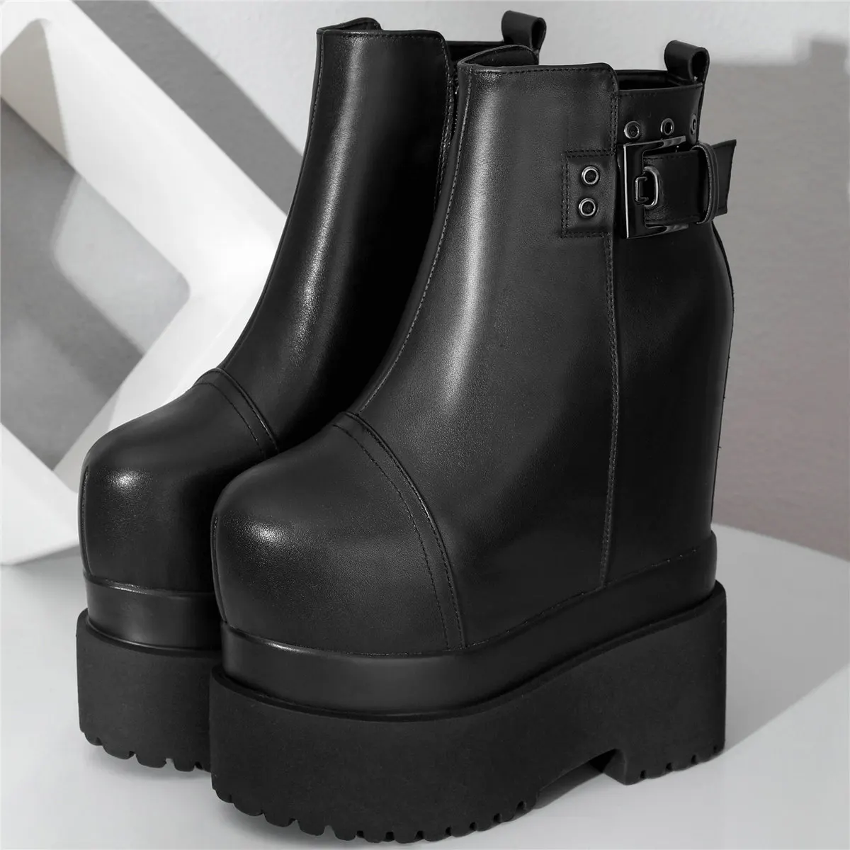 2022 Winter Warm Creepers Women Genuine Leather High Heel Motorcycle Boots Female High Top Round Toe Platform Pumps Casual Shoes