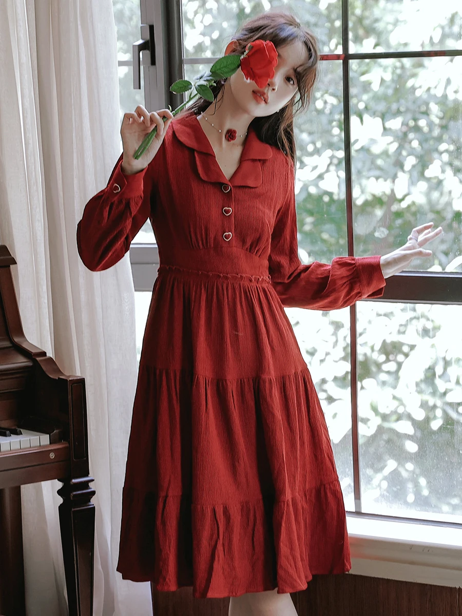 

Women Wine Solid Elegant Autumn Dress Cute Peter-Pan Collar Long Sleeve Midi Vestido Sweet Button Engage Pleated Party Dresses