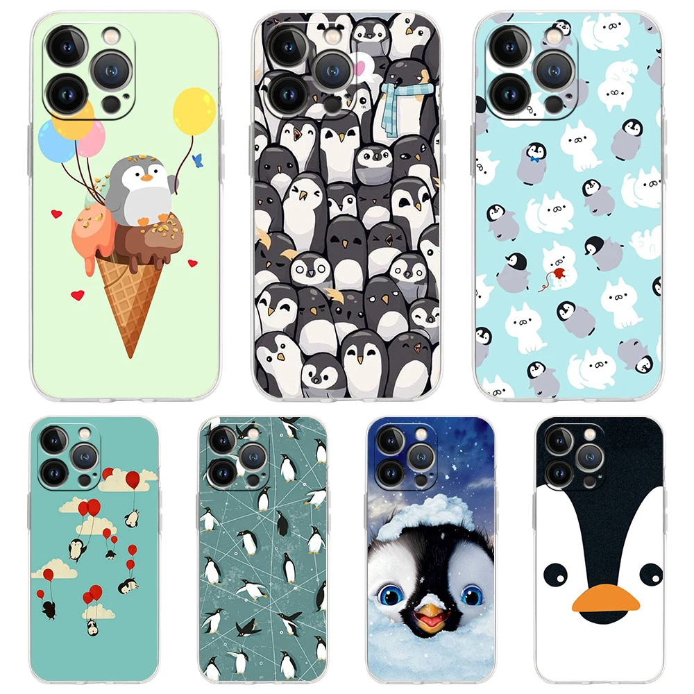 

Lovely Penguin Transparent Bag Phone Case Cover for iPhone 14 13 12 11 Pro Max X XS Max 14 7 8 Plus Shockproof Soft Shell Coque