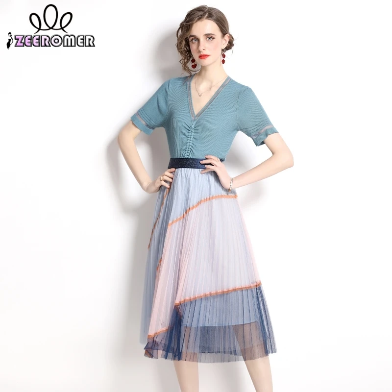 

Женский трикотажный костюм из двух предметов, повседневный трикотажный топ с V-образным вырезом и коротким рукавом и контрастная сетчатая юбка с поясом на резинке, лето 2023