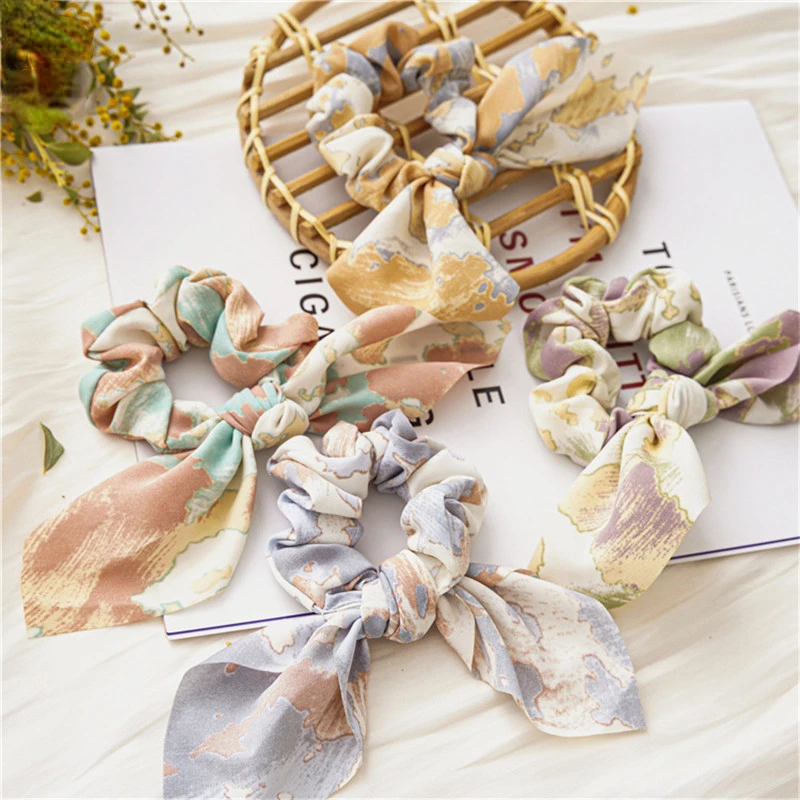 

New Bow Chiffon Hair Scarf For Women Trendy Tie Dye Elastic Hair Bands Removable Ribbon Scrunchie Girl Ponytail Hair Accessories