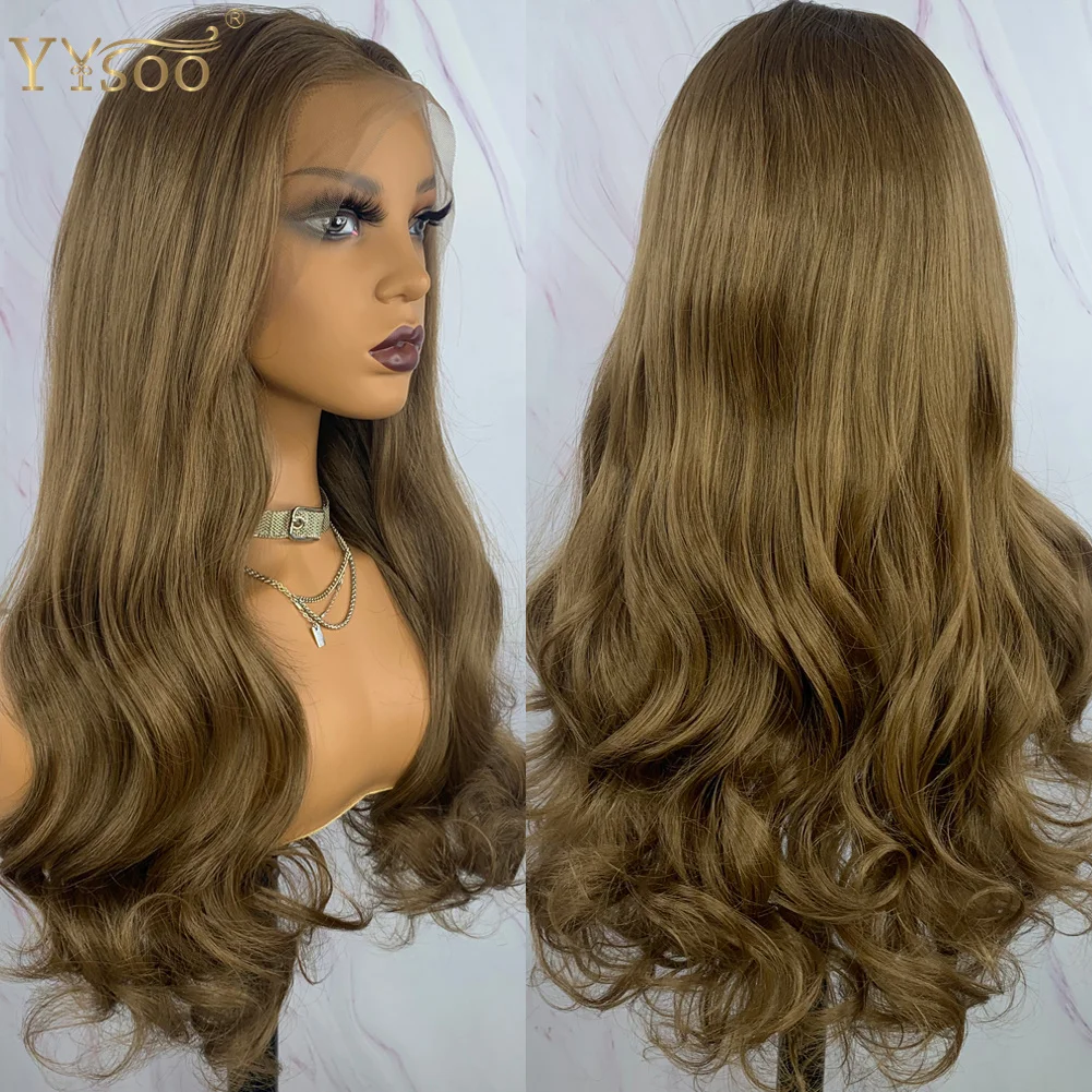 YYsoo Long 10# Brown Body Wave Wig 13x4 Synthetic Lace Front Wigs for Women Futura Heat Resistant Hair Fiber Natural Hairline