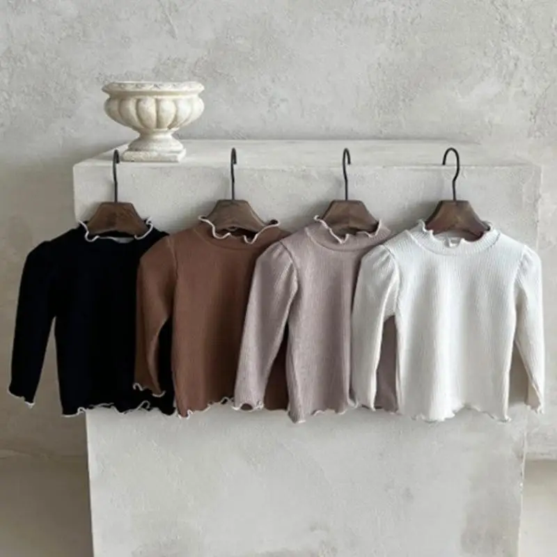 

Infant Girl Retro Solid Fungus Collar Bottoming Shirt Kids Casual Pullover Tops Toddler Girls Warm Cotton Long Sleeves T-shirt