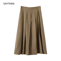 saythen spring autumn new pleated commuter solid color skirt womens mid length large swing a line high waist umbrella skirt