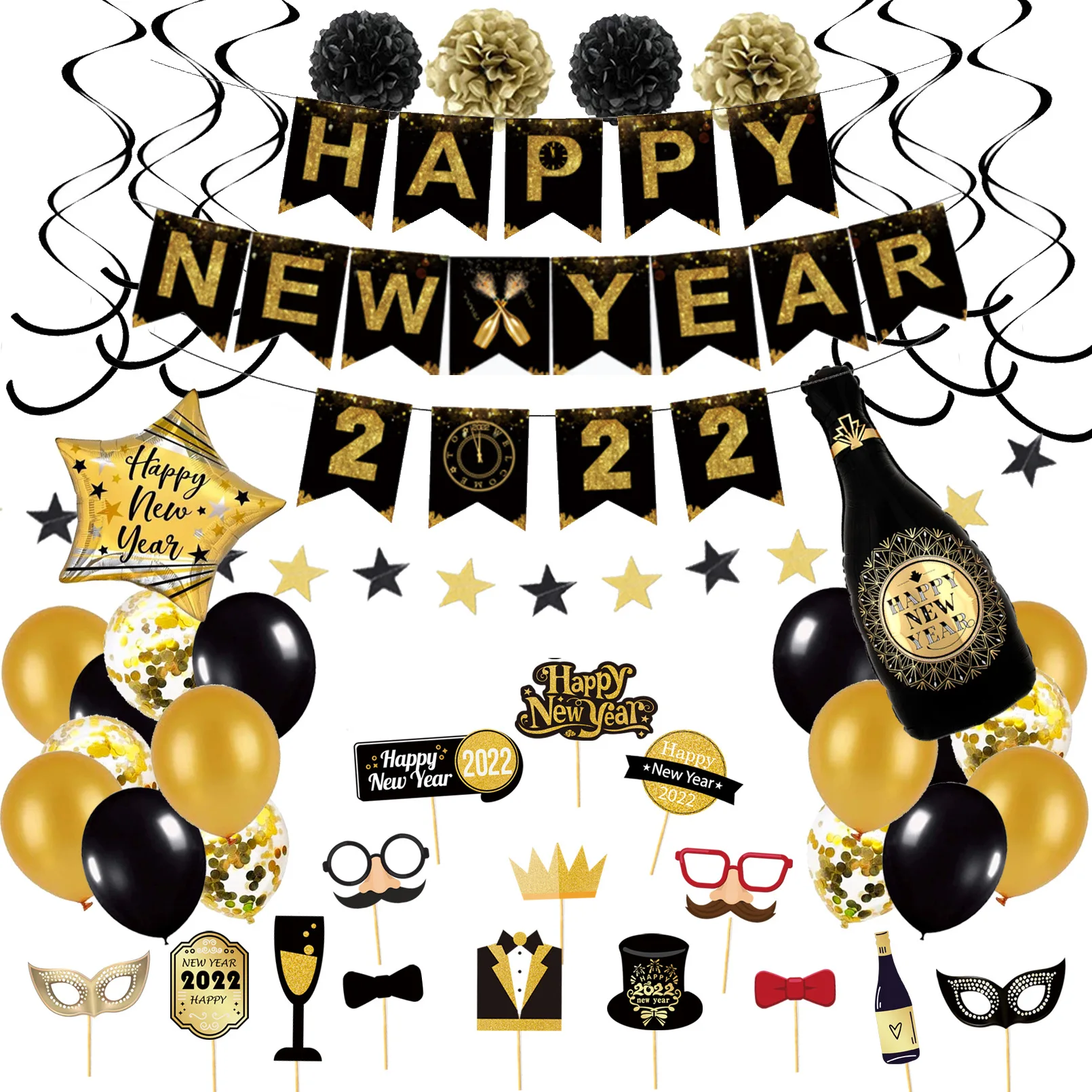 

Happy New Year Balloons Champagne Wine Bottle Home Decor Confetti Pom Poms Christmas New Year Party Decoration 2022