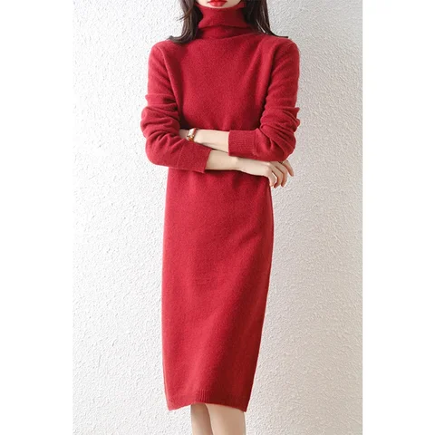Осенне-зимнее плотное длинное платье-свитер из 100% шерсти, теплый базовый вязаный пуловер, женское облегающее платье, однотонные повседневные платья