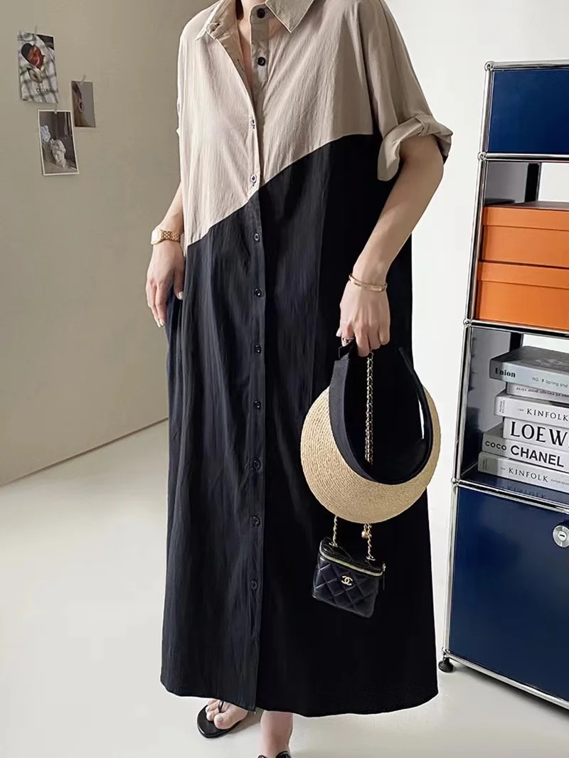 

Женское платье-рубашка SuperAen, длинное платье-рубашка в Корейском стиле с воротником-стойкой и контрастными рукавами-пузырьками