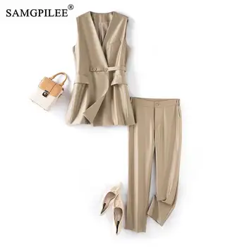 Two Piece Set For Women 2023 New In Matching Sets V Neck Tie Waist Suit Vest Harem Pants Europe Fashion 2 Piece Women's Suit 4XL 1