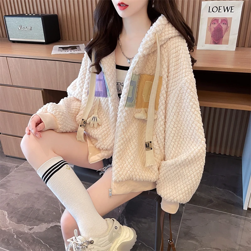 

Fall and Winter Fashion Students Padded Double-sided Velvet Cardigan Jacket Female New Yangqi Hundred Loose Lazy Wind Blouse