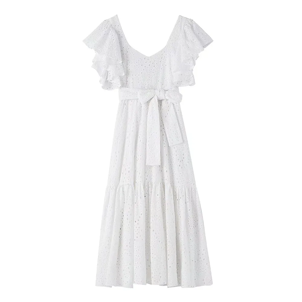 

ZATRHMBM New Fashion Cutout Embroidered Midi Dress Vintage Square Collar Lotus Leaf Sleeves White Chic And Elegant Woman Dresses