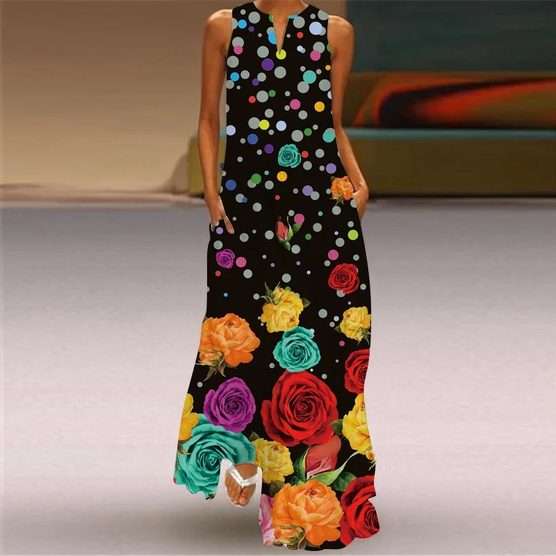 

Summer Long Dress 2022 Elegant Robe Dress Party Sleeveless Dresses Casual Sundress 3D Black Roses Vintage Maxi Dresses For Women