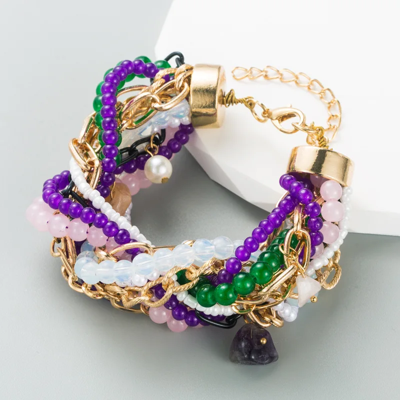 

Gold Statement Multi Layers Strings Beaded Pearl Natural Stone Bracelet Bangles for Women Bohemia Jewelry