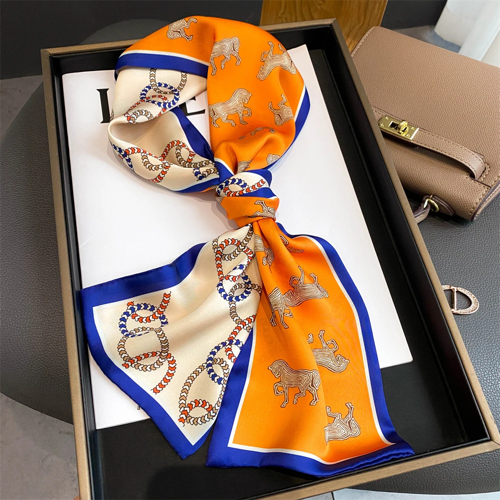 

2022 Spring Silk Skinny Scarf Ribbon Hairbands Lady Neckerchief Foulard Soft Headbands Design Print Women Bag Ties Accessories