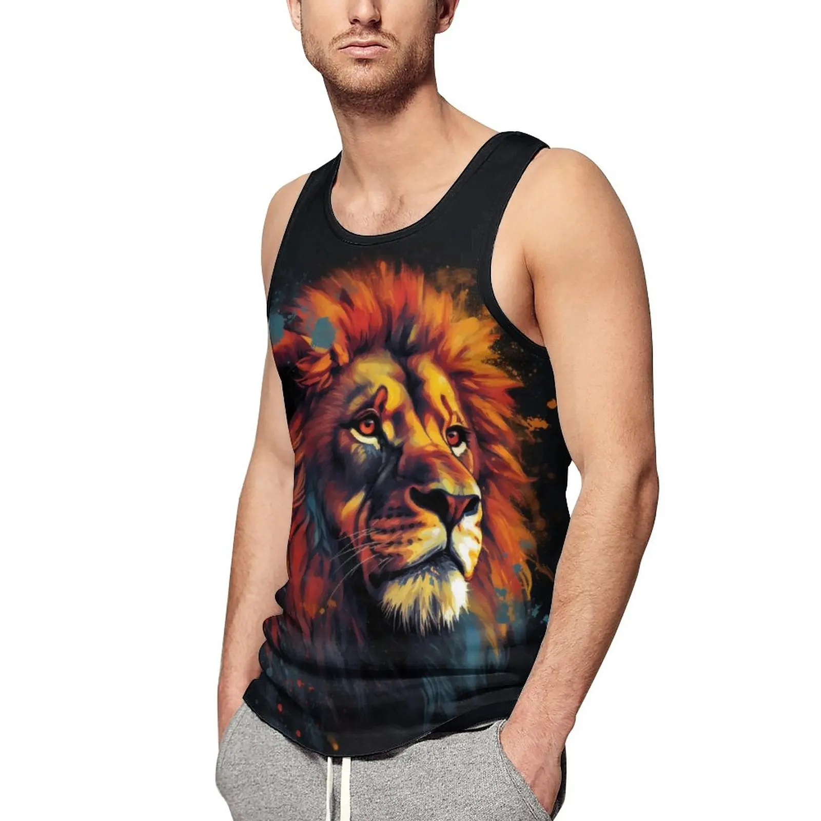 

Lion Tank Top Man Vibrant Fire Captivating Image Gym Oversized Tops Daily Muscle Design Sleeveless Vests