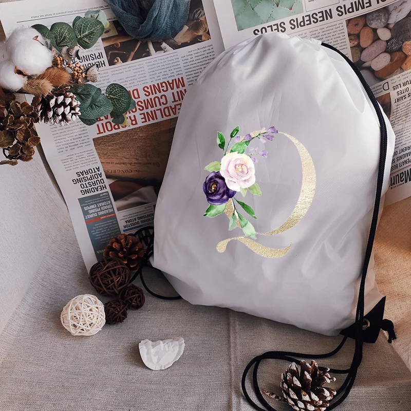 

Women Drawstring Bags Simple Golden Letter Print Men Sport Bags Drawing Bags Small Fabric Bag White Customize Basketball Bag