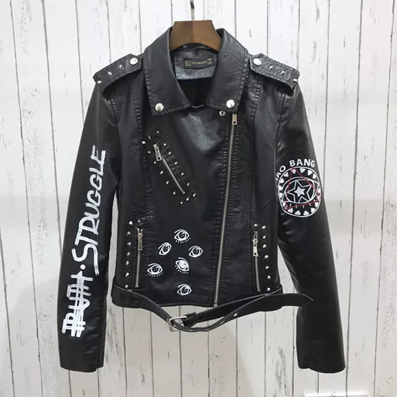 New in New Autumn Women Winter Faux Soft Leather Jackets Coats Lady Black PU Rivet Zipper Epaulet 3D print Motorcycle Streetwear
