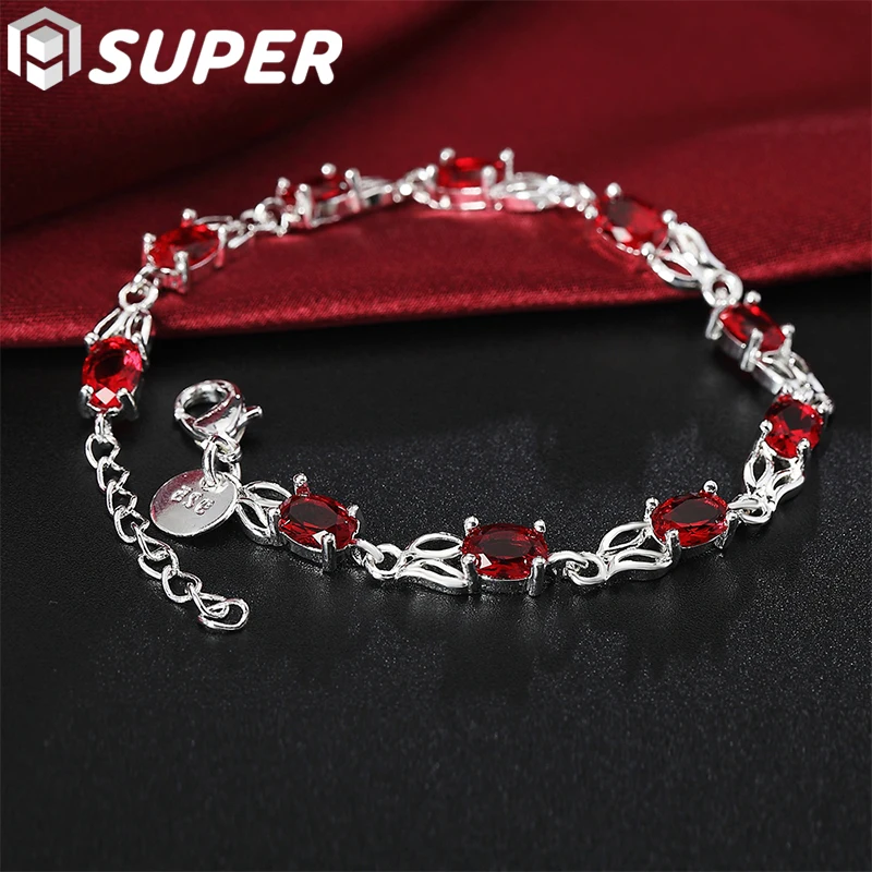 

925 Sterling Silver Charm Red AAA Zircon Bracelet For Women Wedding Engagement Party Fashion Jewelry