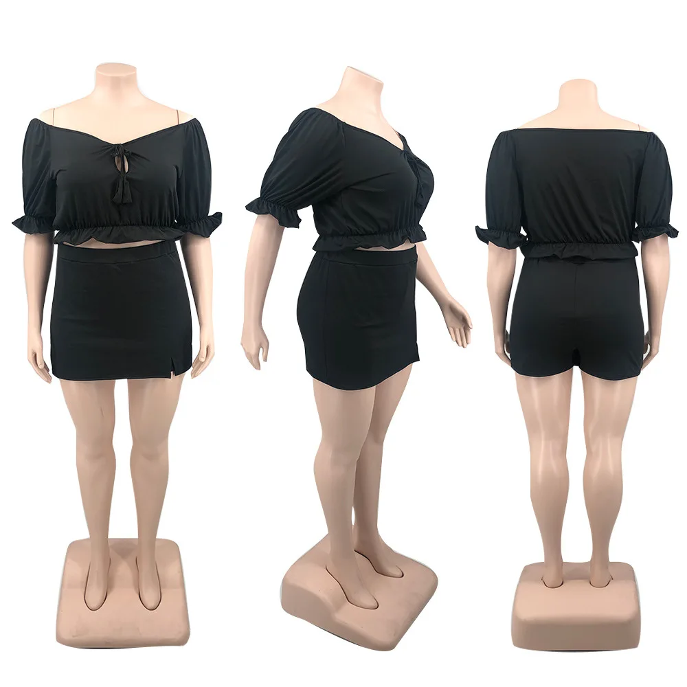 Plus Size Women 5xl Sets Off Shoulder Tops And Skirts 2022 Summer Two Piece Sets Lady Bow Outfits Female Wholesale Clothes