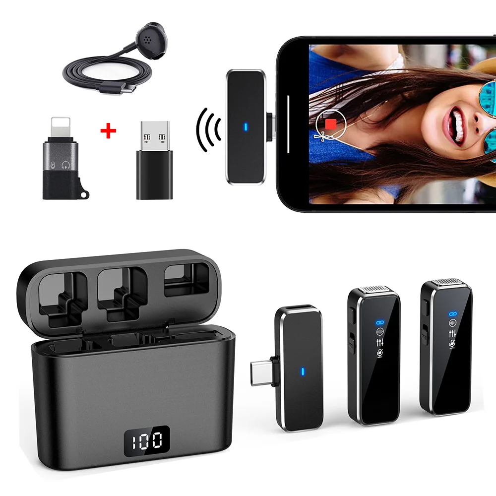 

Wireless Lavalier Microphone with Display Charging Box Wireless Lapel Microphone Noise Reduction Mini Mic for Live Broadcast New