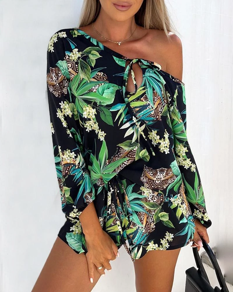 

Women Sets Summer Fashion Green Tropical Printing Bandage Blouses Casual Loose Straight Shorts Two Piece Set