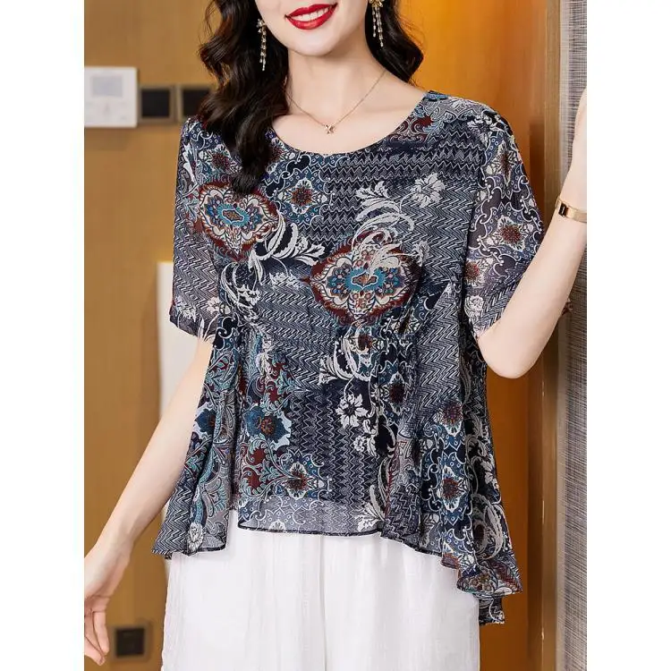 fashionable short-sleeved chiffon shirt women's 2022 new high-end small shirt  loose floral top  vintage  Print  Casual