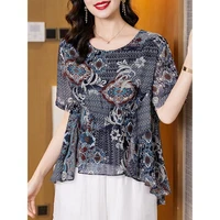 fashionable short sleeved chiffon shirt womens 2022 new high end small shirt loose floral top vintage print casual