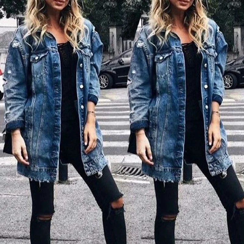 

2021 New Stylish Women's Coats Denim Long Coat Jeans Coat Fashion Hole Jacket Female Loose Casual Streetwear Blue Outwear Long