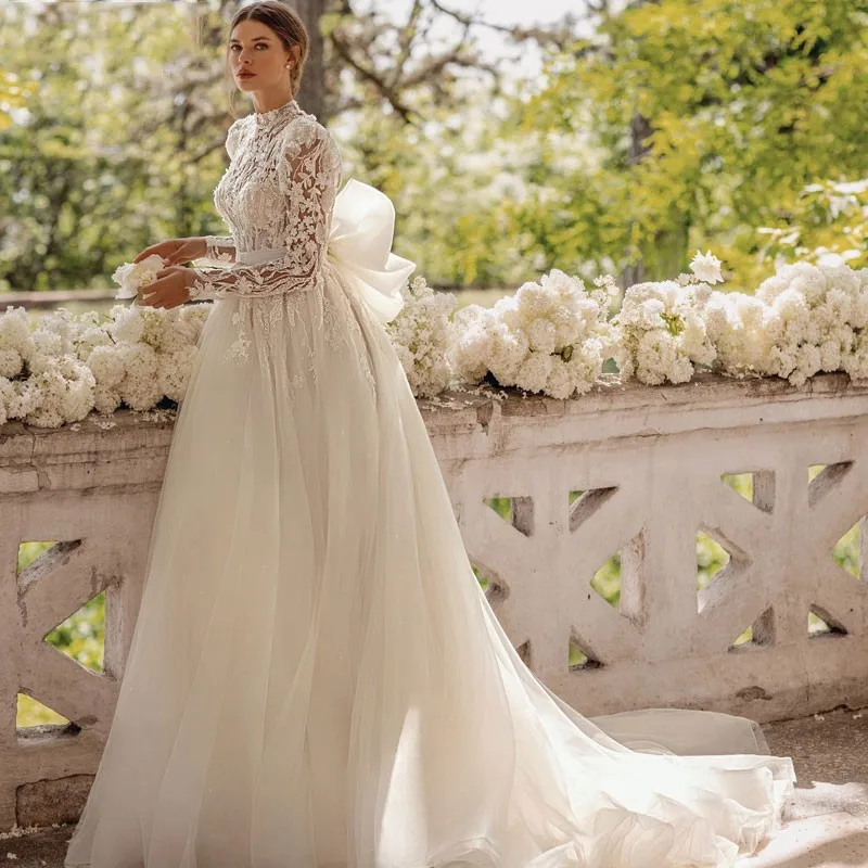 

Princess Wedding Dress For Women 2023 Organza Bridal Gown Elegant Long Sleeves Lace Applique Up Bow Belt Vestidos De Novia