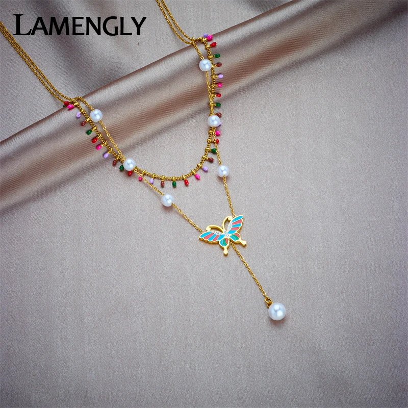 

LAMENGLY 316L Stainless Steel Colorful Butterfly Pearl Pendant Necklace For Women Luxury 2in1 Choker Chain Jewelry Gift Collar