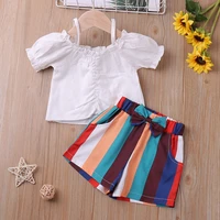 2022 new summer fashion white topcolorful striped shorts 2pcs girl set kid clothes girl children clothes