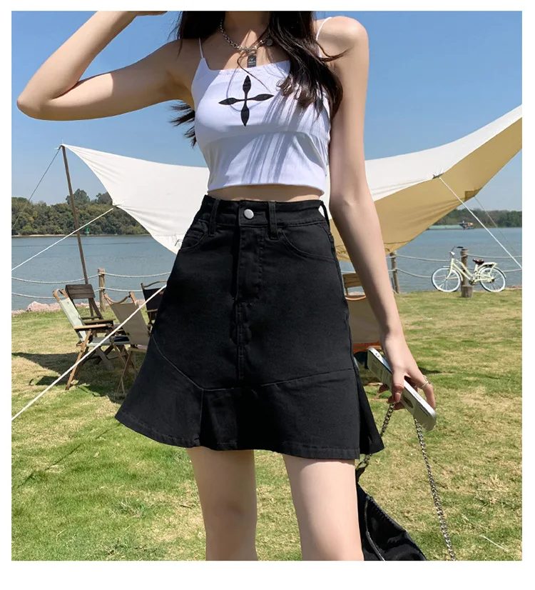

Denim shorts skirt women's summer new high waist thin black small ruffled pleated skirt a-line short skirt