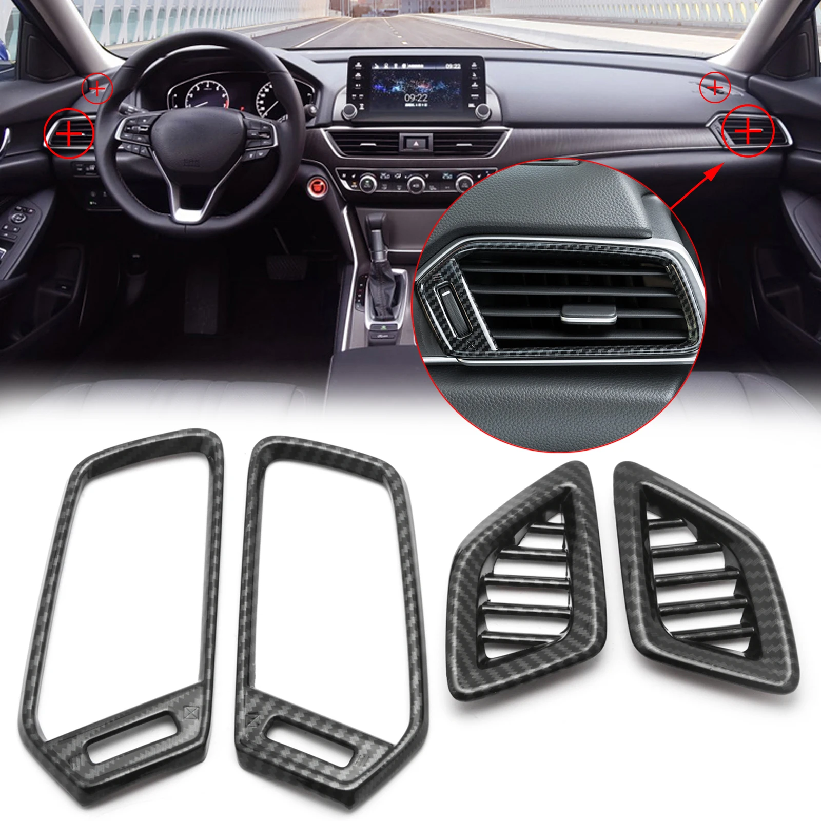 Carbon Fiber Style Interior Dashboard Air Vent AC Outlet Cover Molding Trim Decals For Honda Accord 10th Gen 2018 2019 2020 2021
