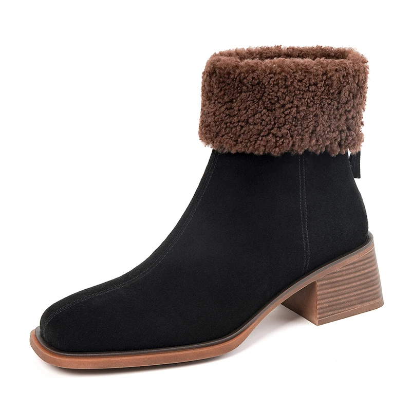 

Women Plush Lambswool Ankle Boots Elegant Chunky Heel Back Zipper Shoes Retro Female Black Brown Short Boots Sewing Autumn Boots