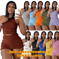 european and american womens clothing 2022 spring and summer solid color vest shorts pleated casual two piece suit female set